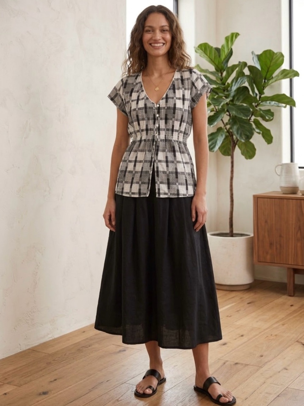 NorthStyle Black White Plaid Smocked Tunic Top M Gauzy Cotton RicRac Trim